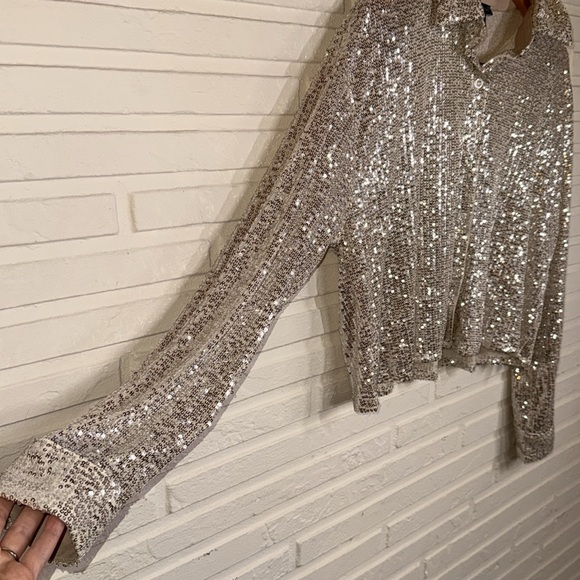 Moa Moa Champagne Sequins Cropped Long Sleeve Button Up Top, Women’s Size Large - Picture 3 of 8